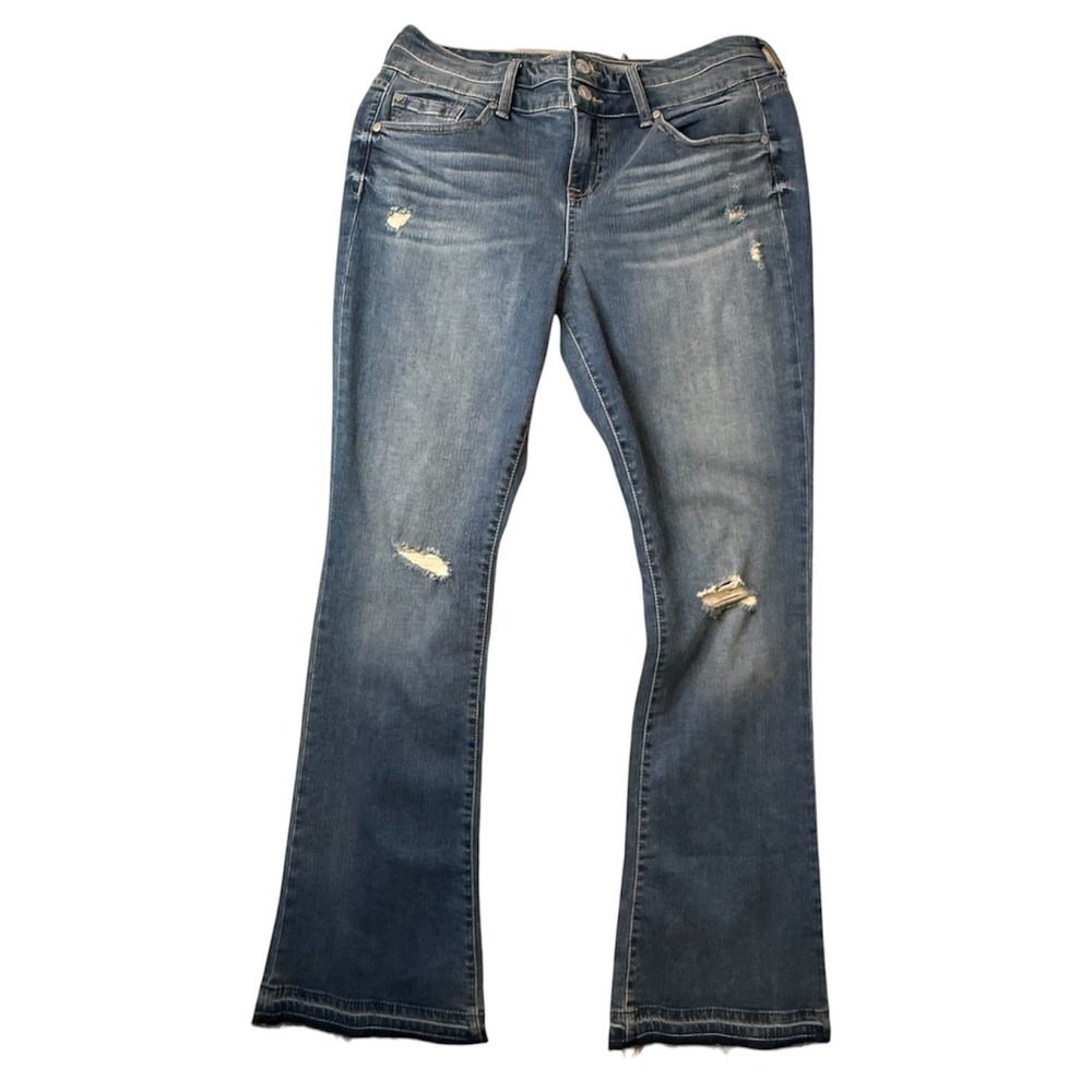 Torrid Flare Jeans Womens 12 Blue Distressed Raw Hem Stretch Denim Frayed